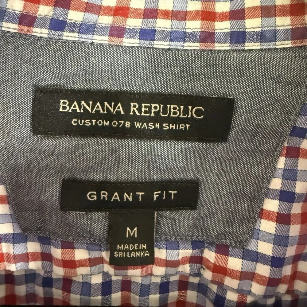 Banana Republic Grant Fit Shirt Mens Medium Red Blue Plaid Button Up Long Sleeve